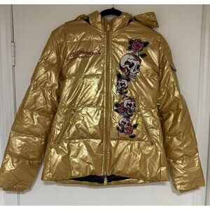 Ed Hardy By Christian Audigier Gold Women’s Down Puffer Jacket NWT Size Large